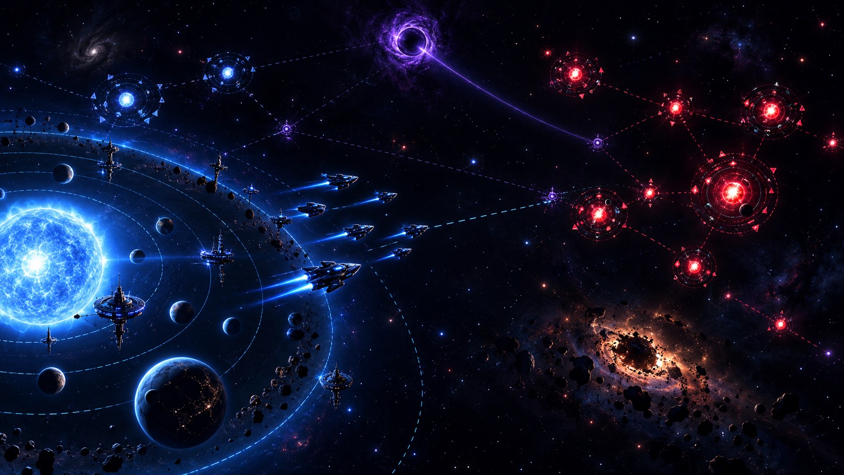 Key art: a blue home star with orbital rings sends a fleet along a star-chart route toward a cluster of hostile red stars, a wormhole glowing overhead